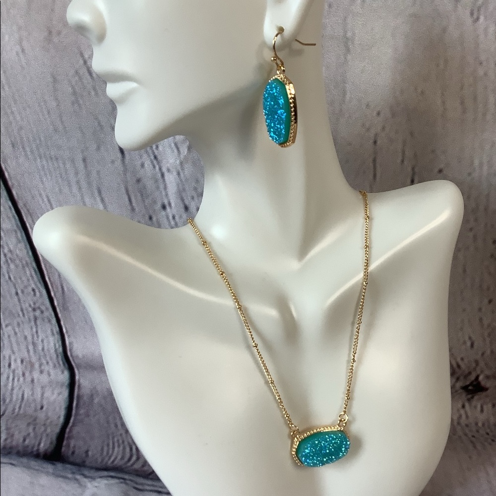 14K YGP Hexagon Style Druzy Necklace and Earring Set